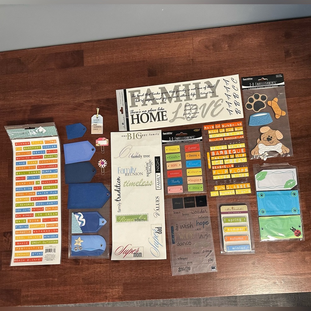 Stickers, tags, 3-D embellishments, etc. for scrapbooking, card-making, crafts,